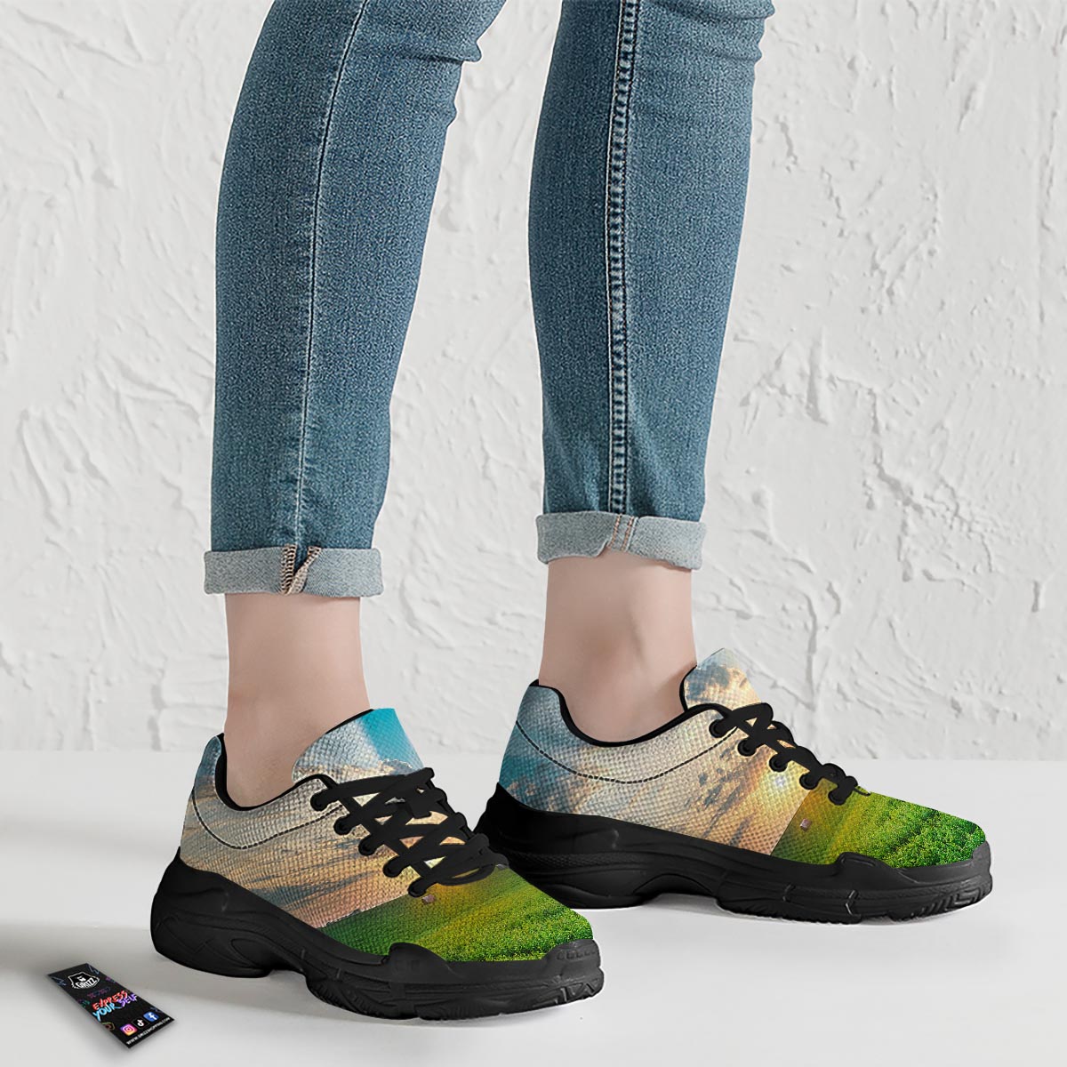 Meadow Sunrise Print Black Chunky Shoes-grizzshop