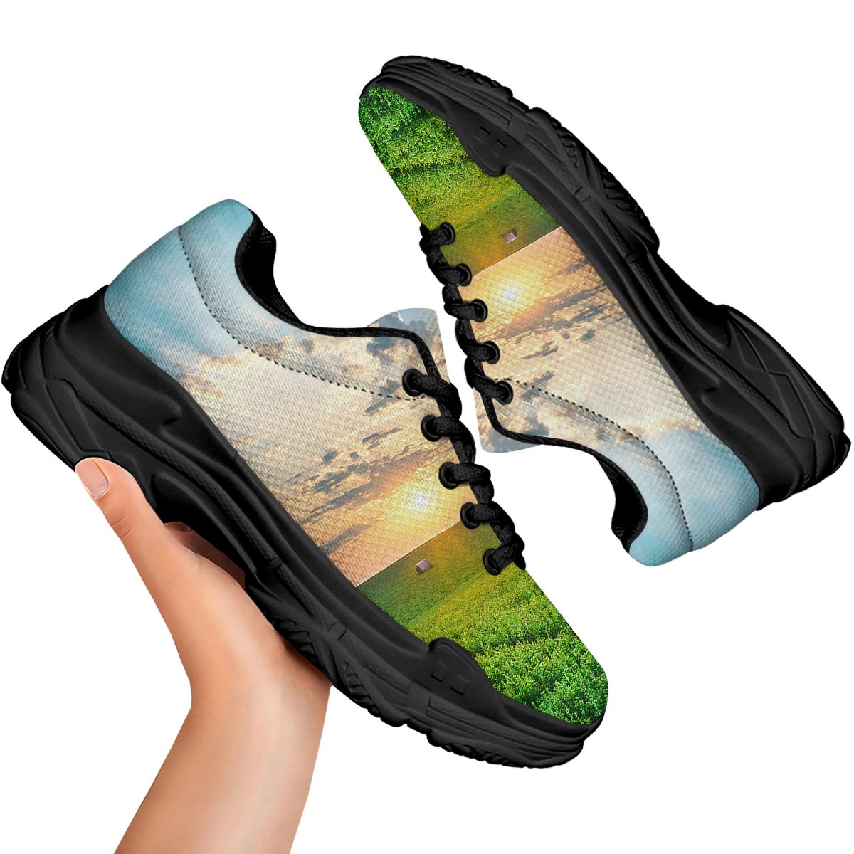 Meadow Sunrise Print Black Chunky Shoes-grizzshop