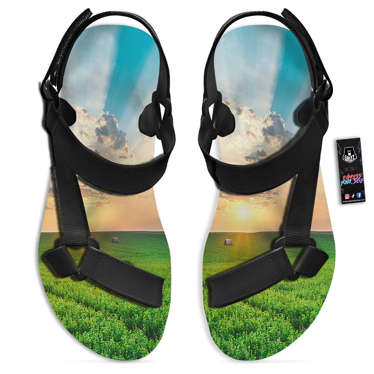 Meadow Sunrise Print Black Open Toe Sandals-grizzshop