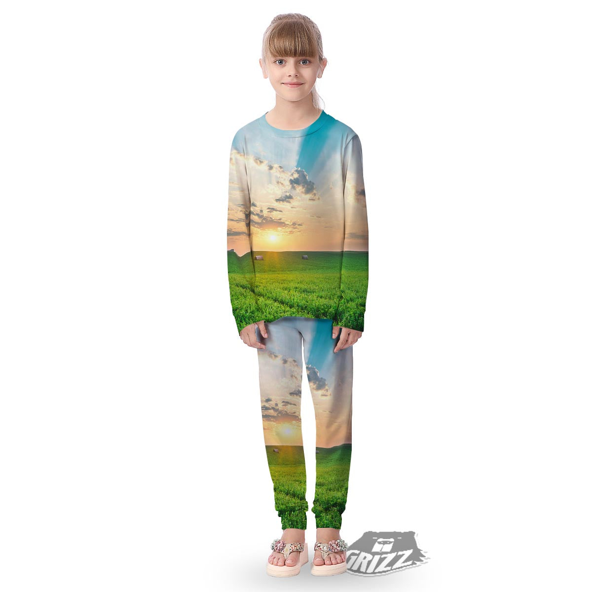 Meadow Sunrise Print Kid's Pajamas-grizzshop