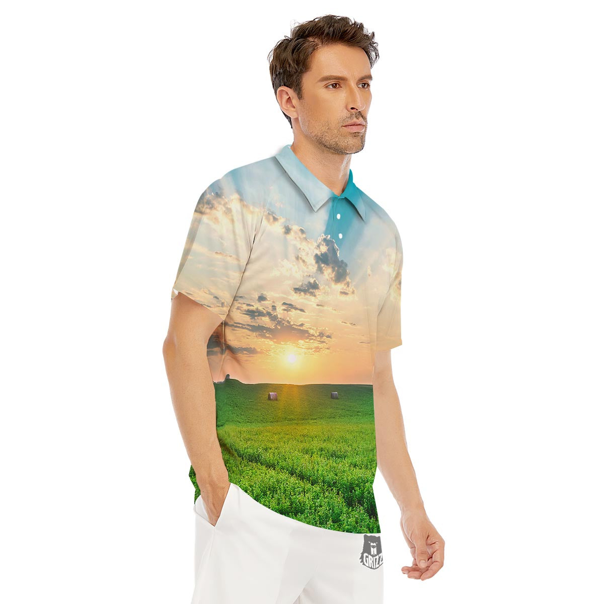Meadow Sunrise Print Men's Golf Shirts-grizzshop