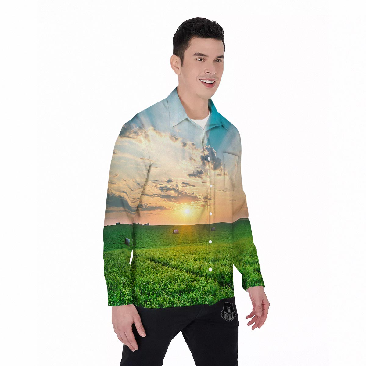 Meadow Sunrise Print Men's Long Sleeve Shirts-grizzshop