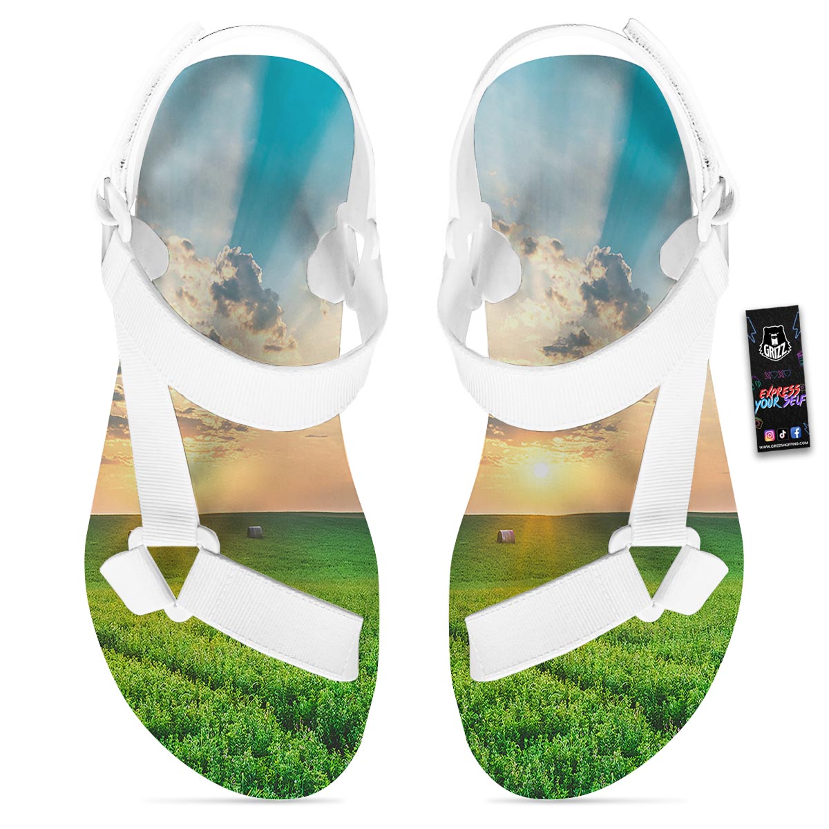 Meadow Sunrise Print White Open Toe Sandals-grizzshop