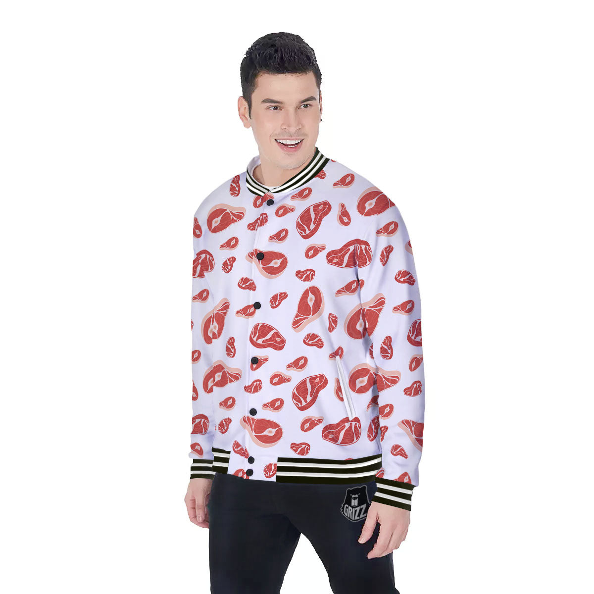 Meat Print Pattern Baseball Jacket-grizzshop