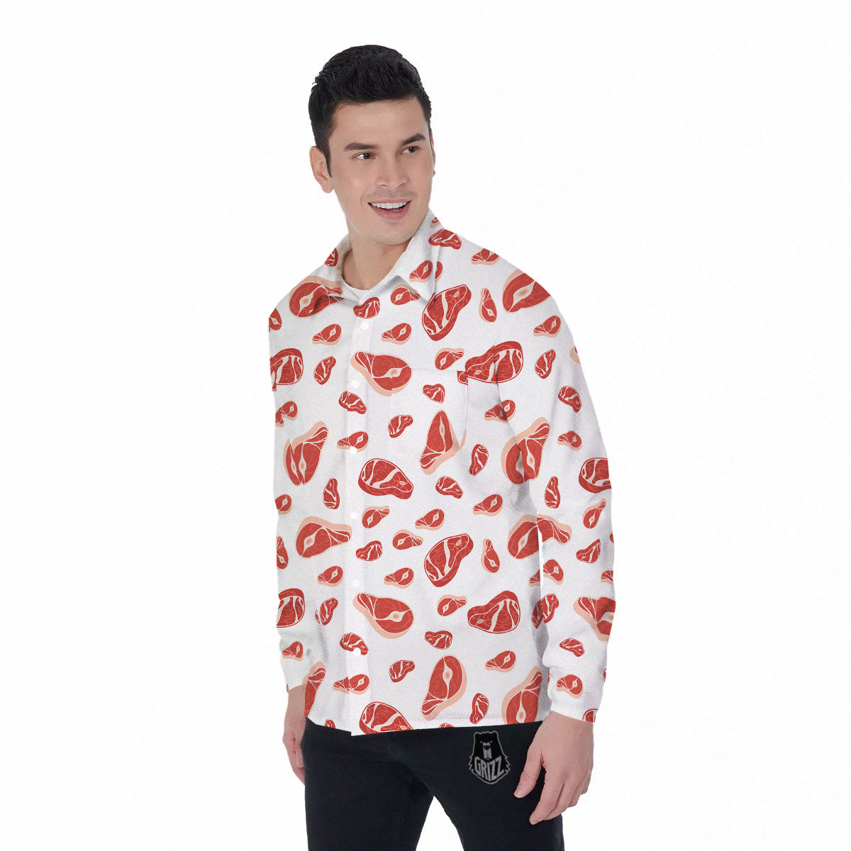 Meat Print Pattern Men's Long Sleeve Shirts-grizzshop