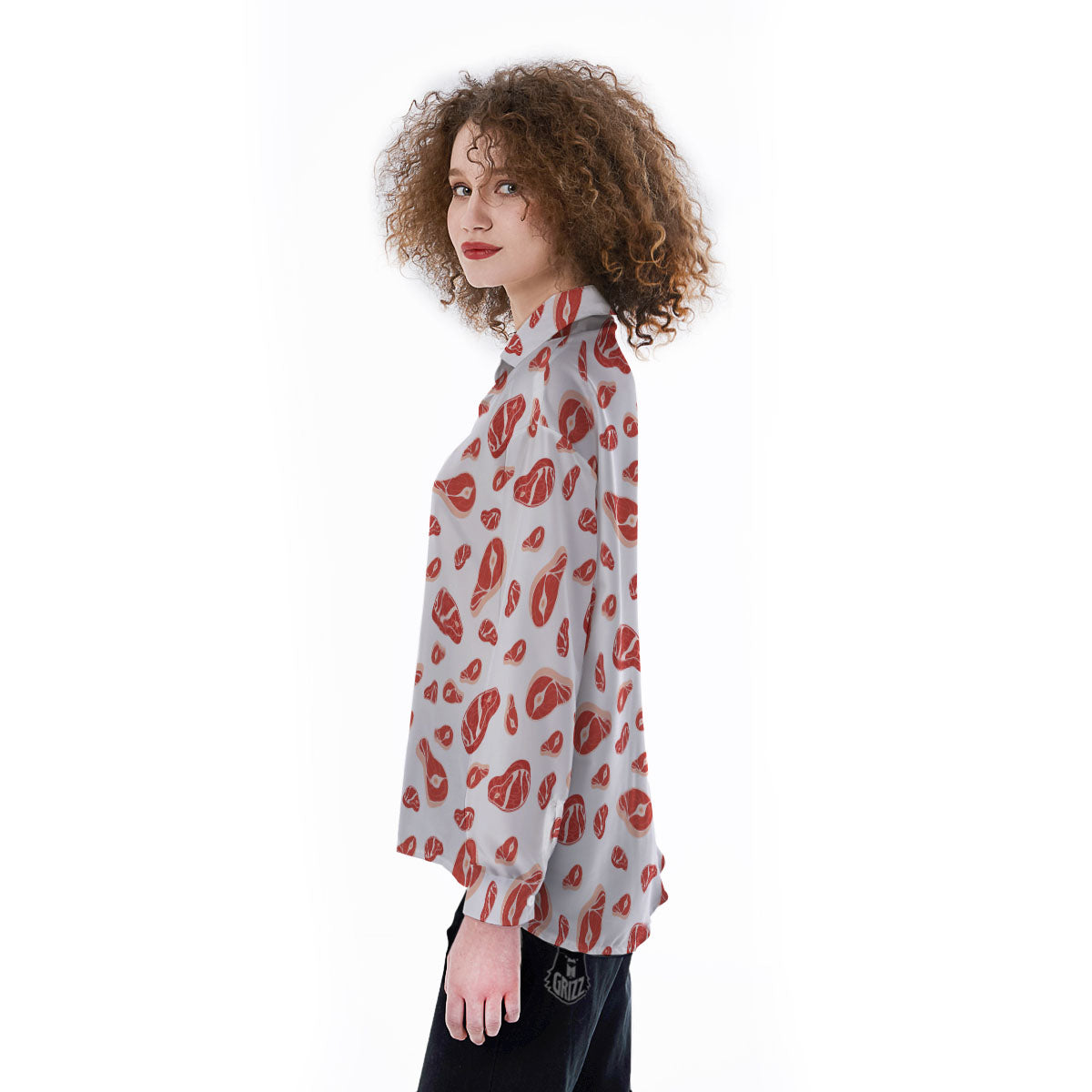 Meat Print Pattern Women's Long Sleeve Shirts-grizzshop