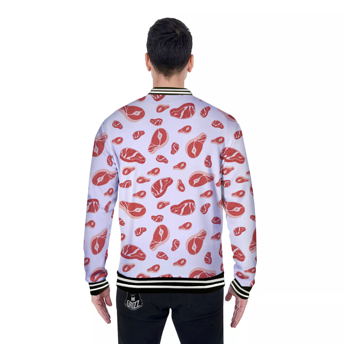 Meat Red Print Pattern Baseball Jacket-grizzshop