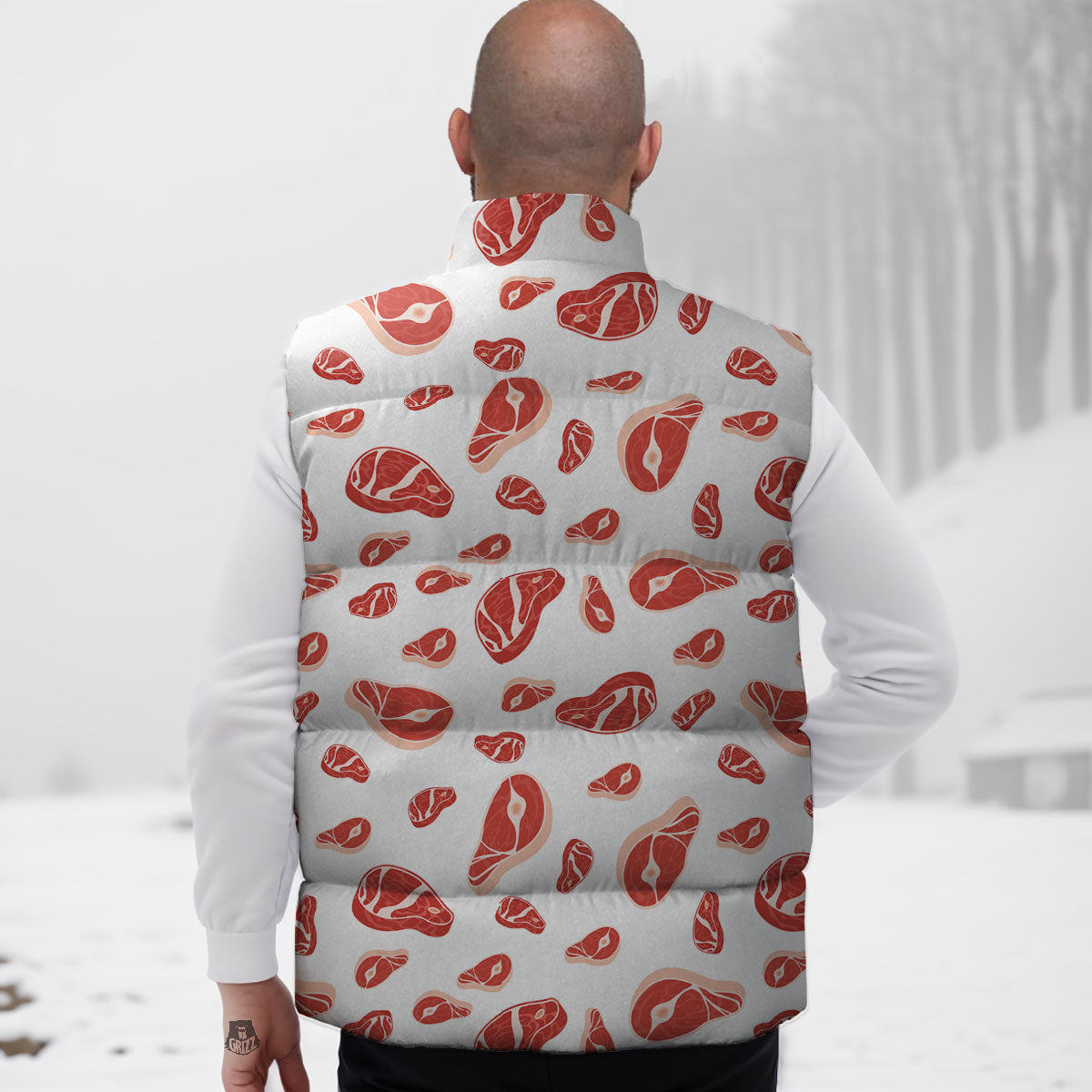 Meat Red Print Pattern Down Vest-grizzshop