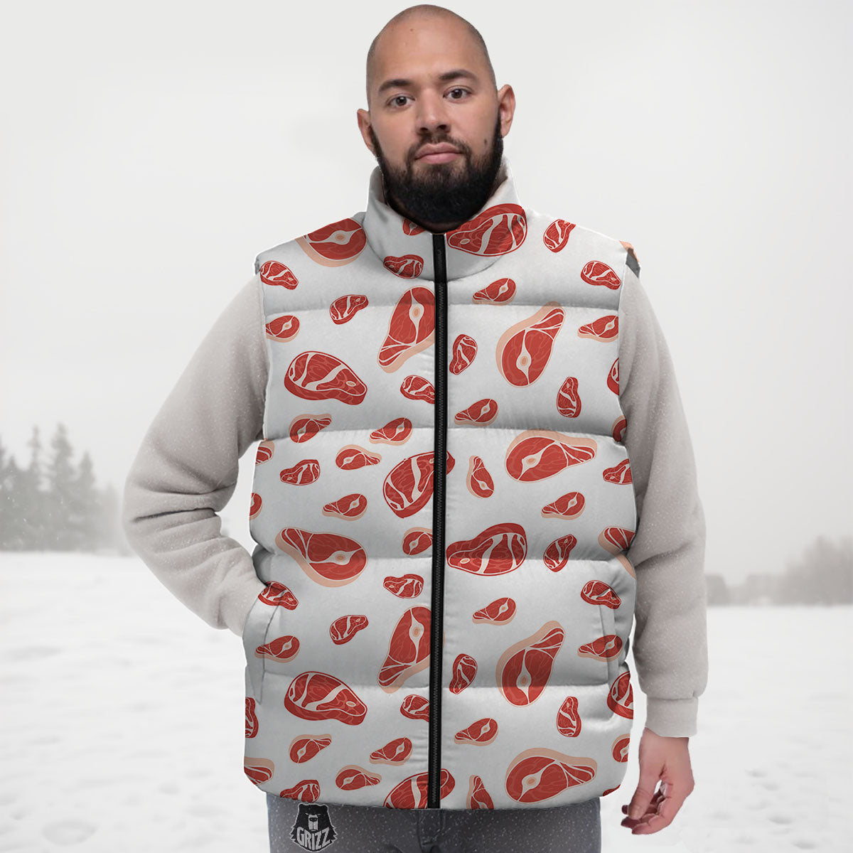 Meat Red Print Pattern Down Vest-grizzshop