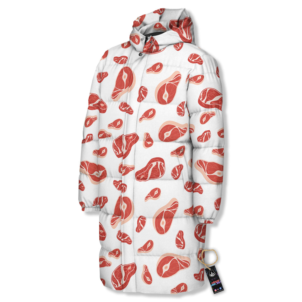 Meat Red Print Pattern Long Down Jacket-grizzshop
