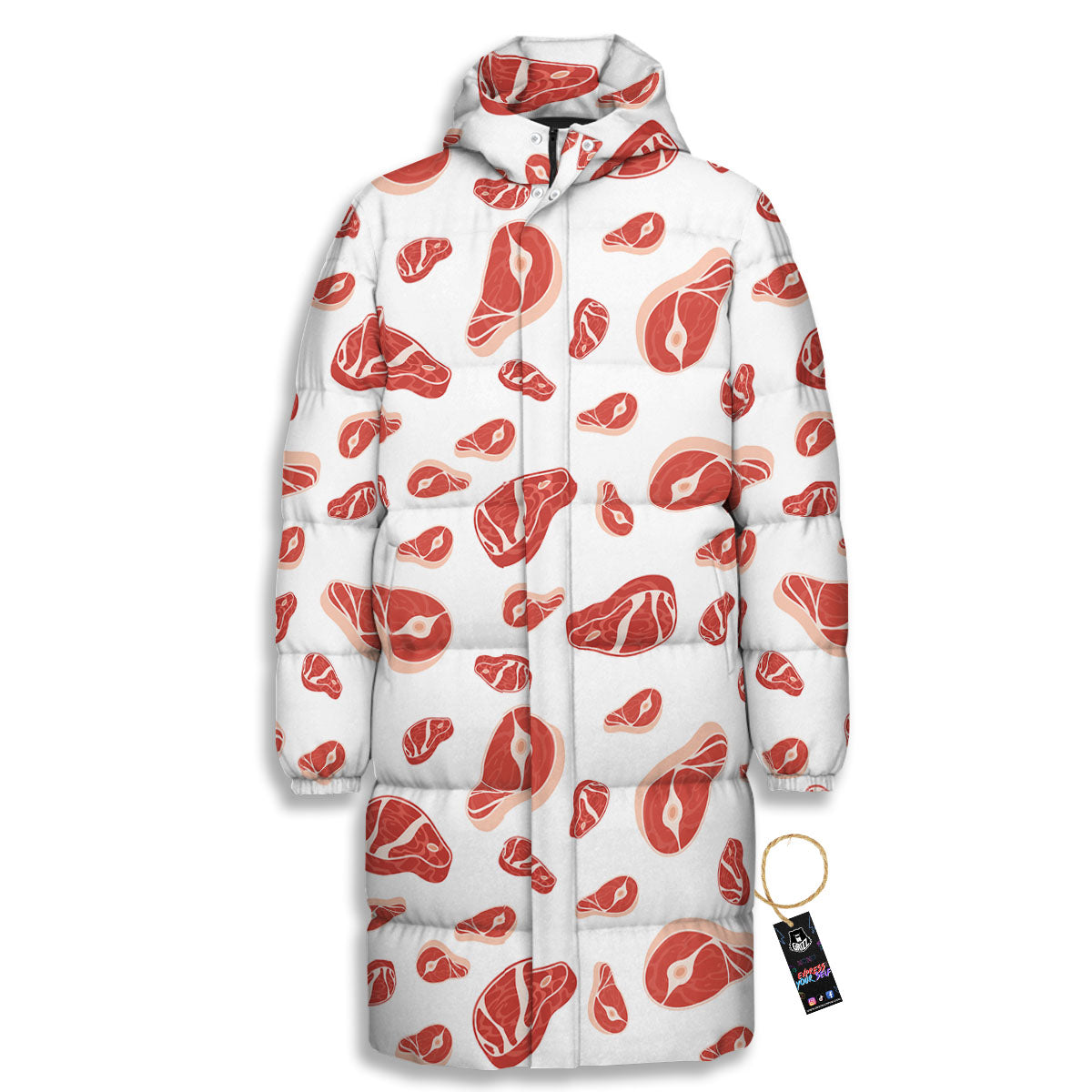 Meat Red Print Pattern Long Down Jacket-grizzshop
