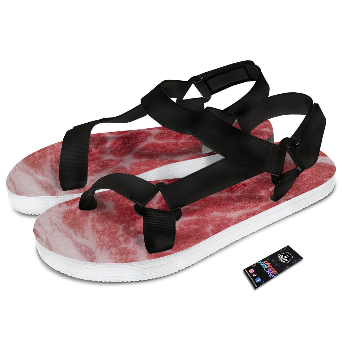Meat Wagyu Beef Print Black Open Toe Sandals-grizzshop
