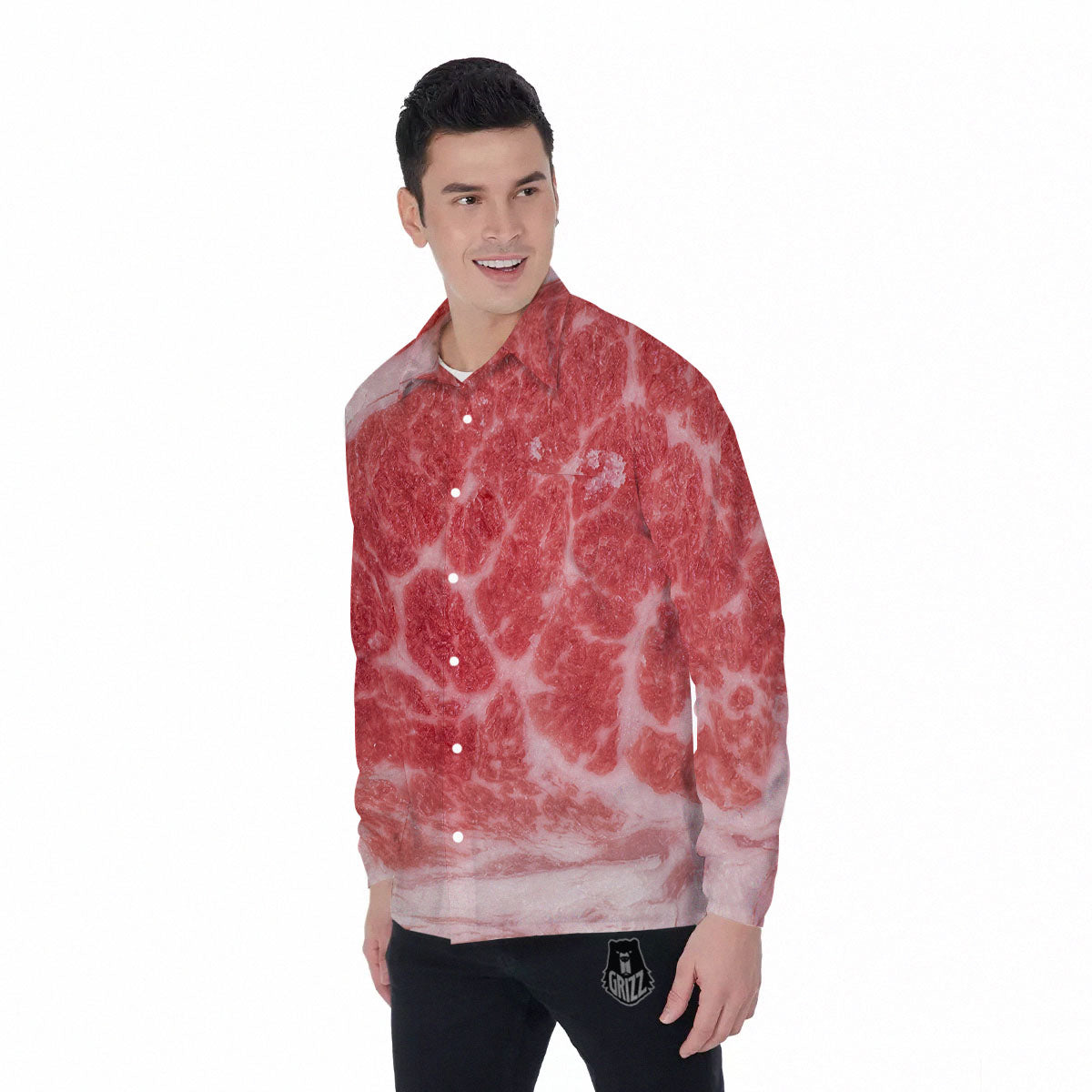 Meat Wagyu Beef Print Men's Long Sleeve Shirts-grizzshop