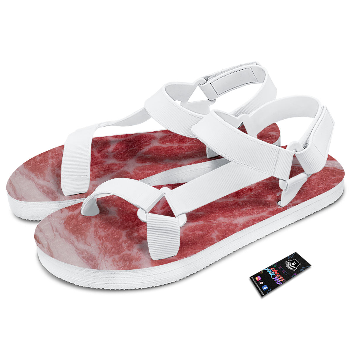 Meat Wagyu Beef Print White Open Toe Sandals-grizzshop