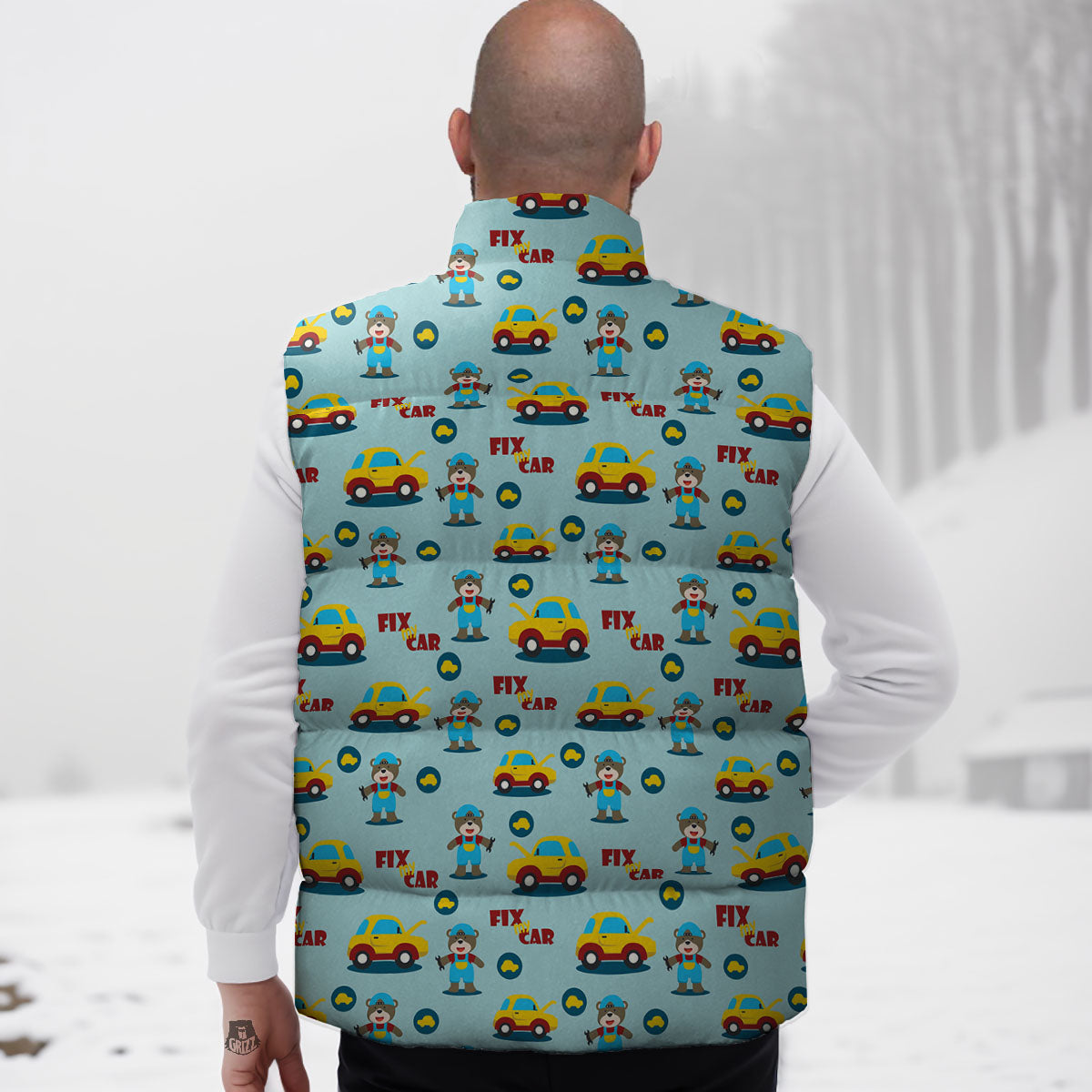 Mechanic Cartoon Print Pattern Down Vest-grizzshop