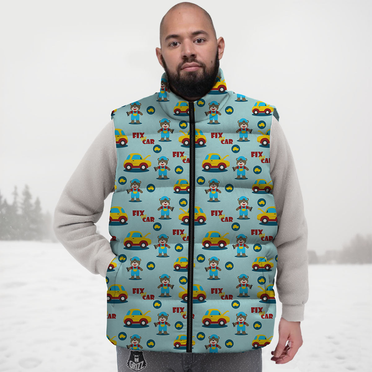 Mechanic Cartoon Print Pattern Down Vest-grizzshop