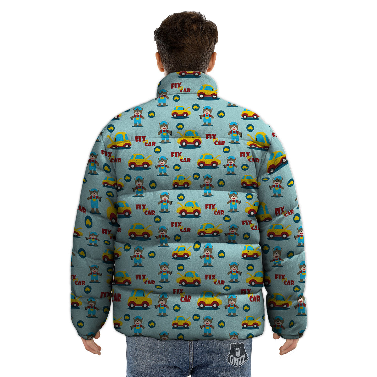 Mechanic Cartoon Print Pattern Puffer Jacket-grizzshop