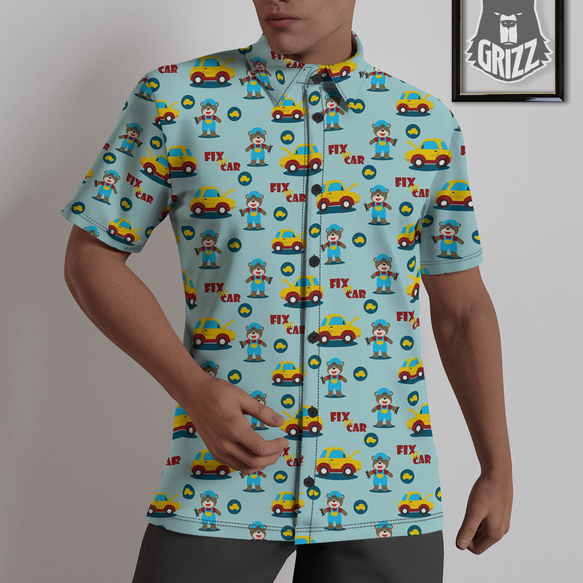 Mechanic Cartoon Print Pattern Untucked Shirts-grizzshop