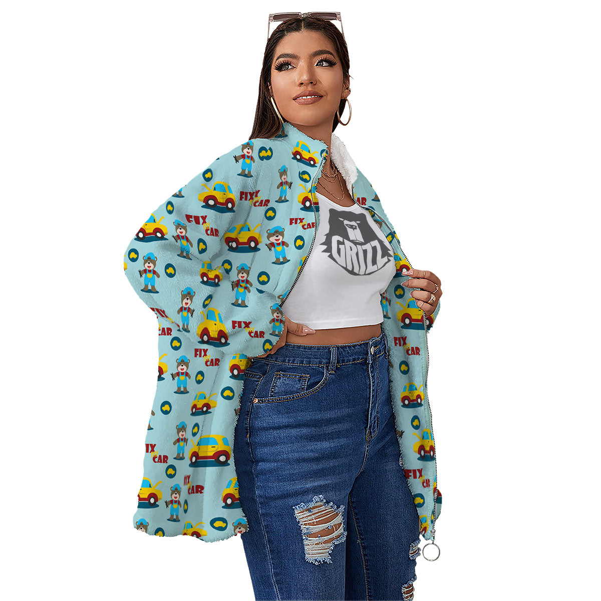 Mechanic Cartoon Print Pattern Women's Sherpa Jacket-grizzshop