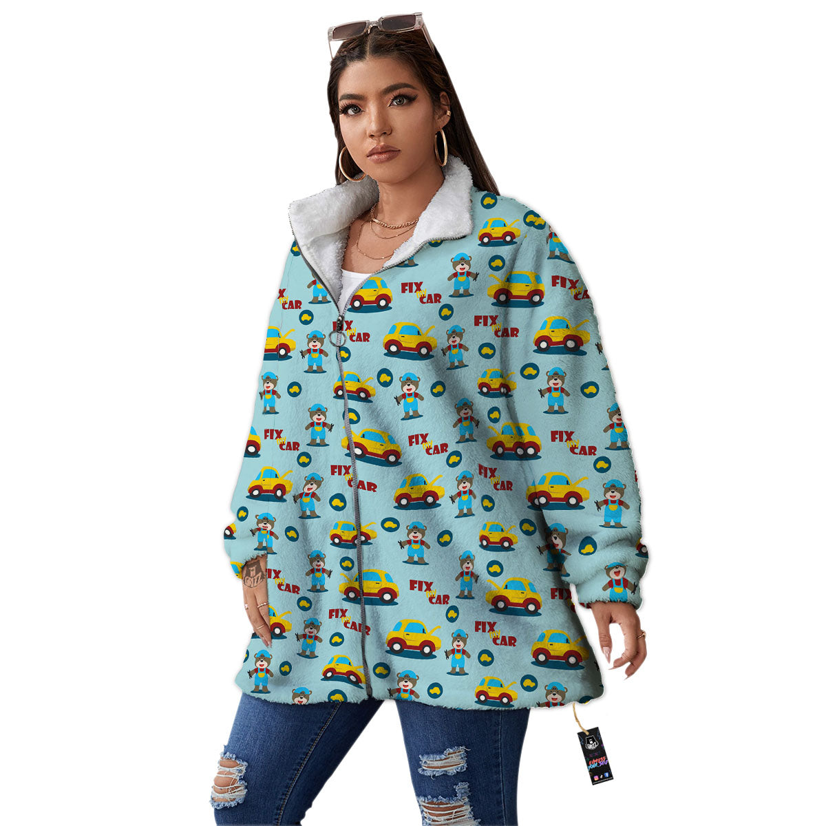 Mechanic Cartoon Print Pattern Women's Sherpa Jacket-grizzshop