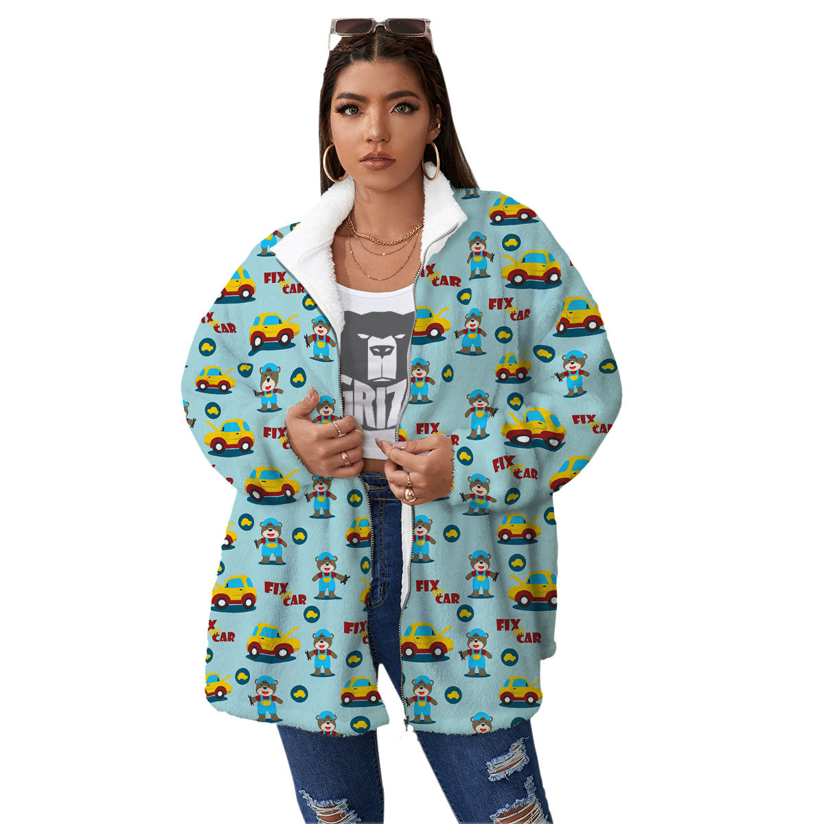 Mechanic Cartoon Print Pattern Women's Sherpa Jacket-grizzshop