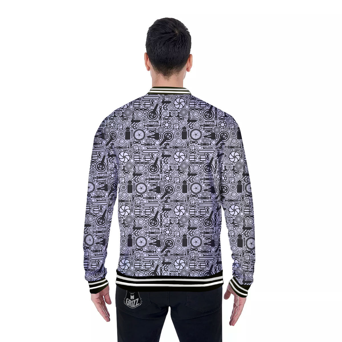 Mechanic White And Black Print Pattern Baseball Jacket-grizzshop