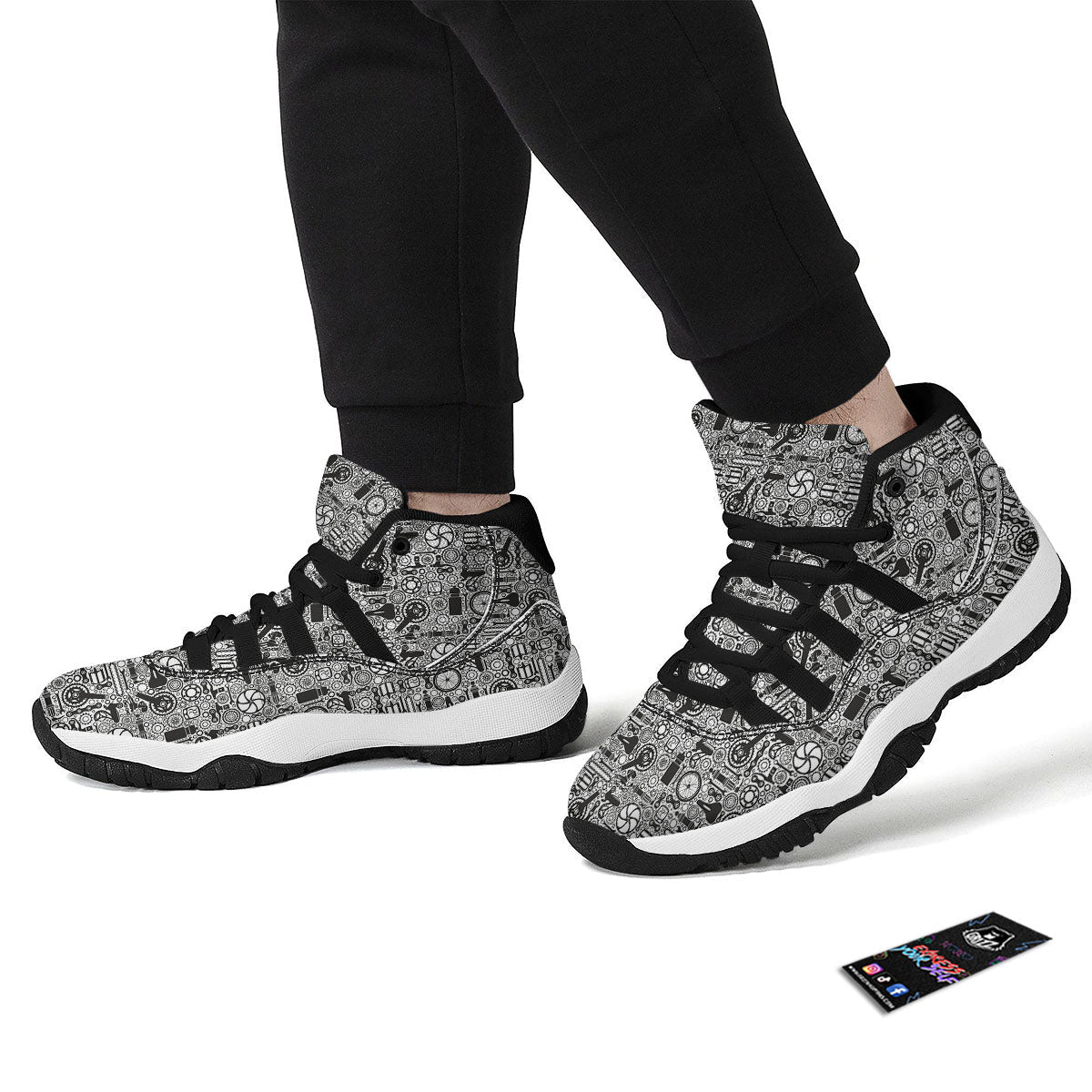 Mechanic White And Black Print Pattern Black Bball Shoes-grizzshop