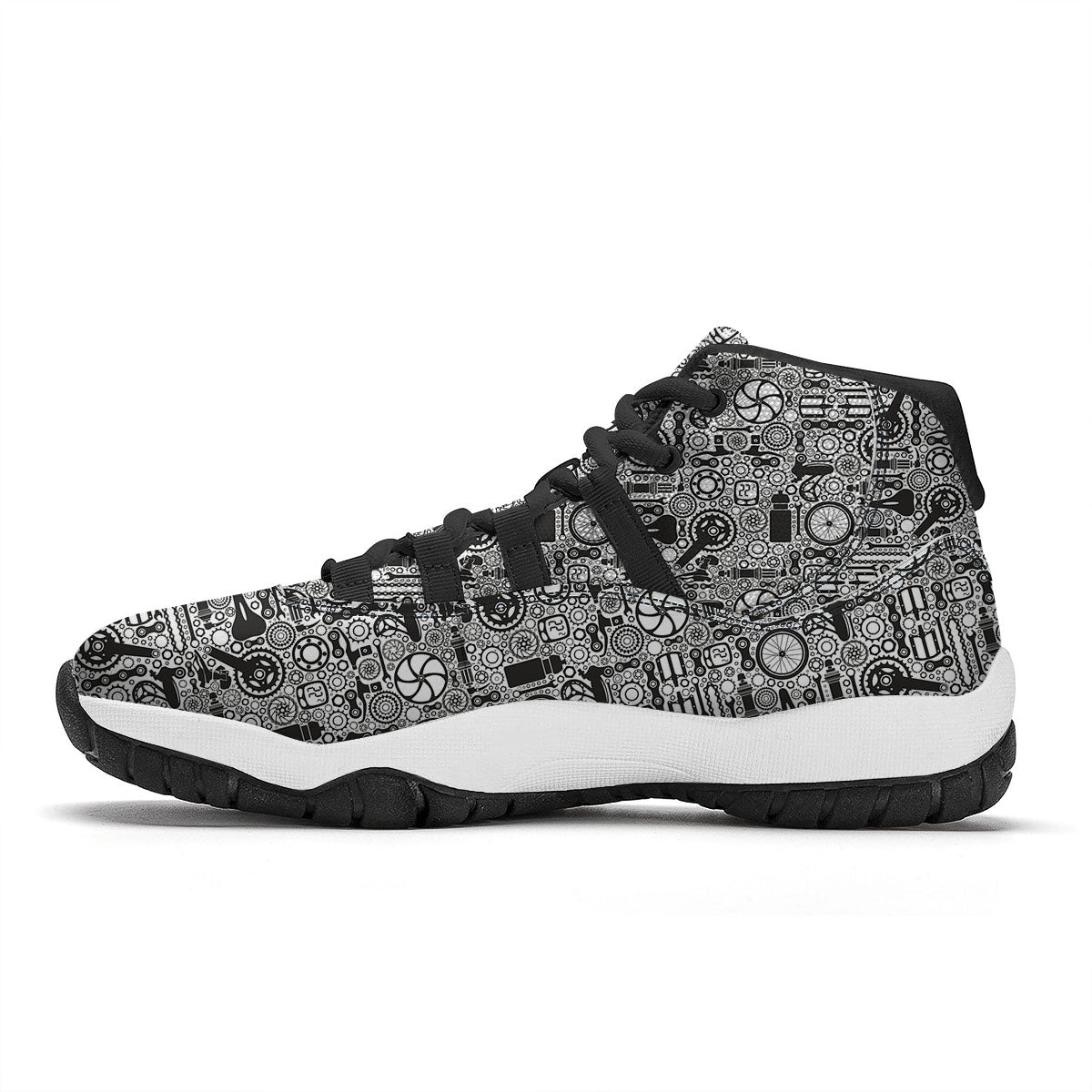 Mechanic White And Black Print Pattern Black Bball Shoes-grizzshop