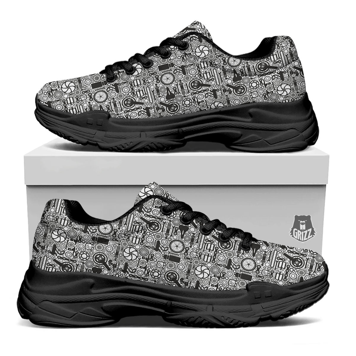 Mechanic White And Black Print Pattern Black Chunky Shoes-grizzshop