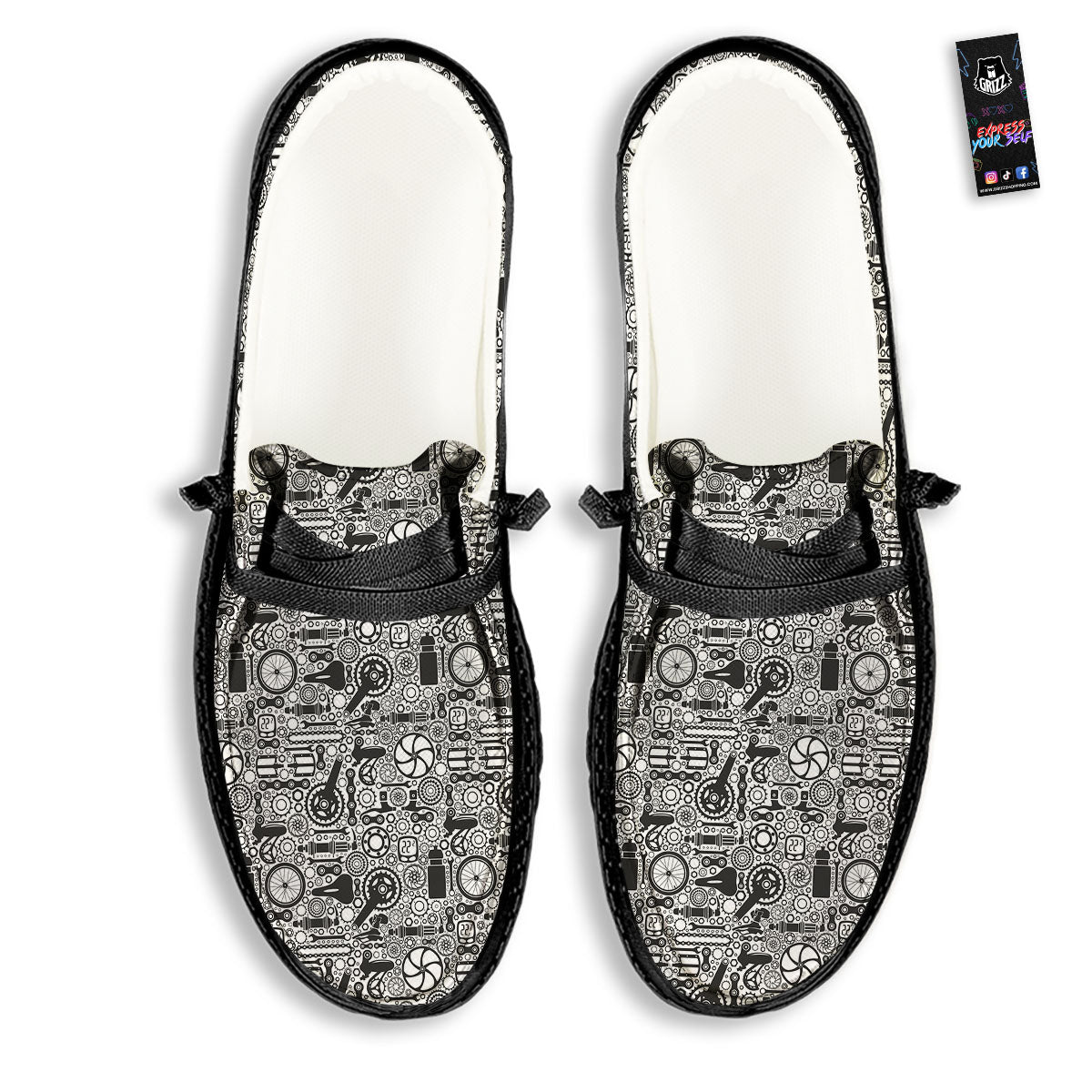 Mechanic White And Black Print Pattern Black Loafers-grizzshop