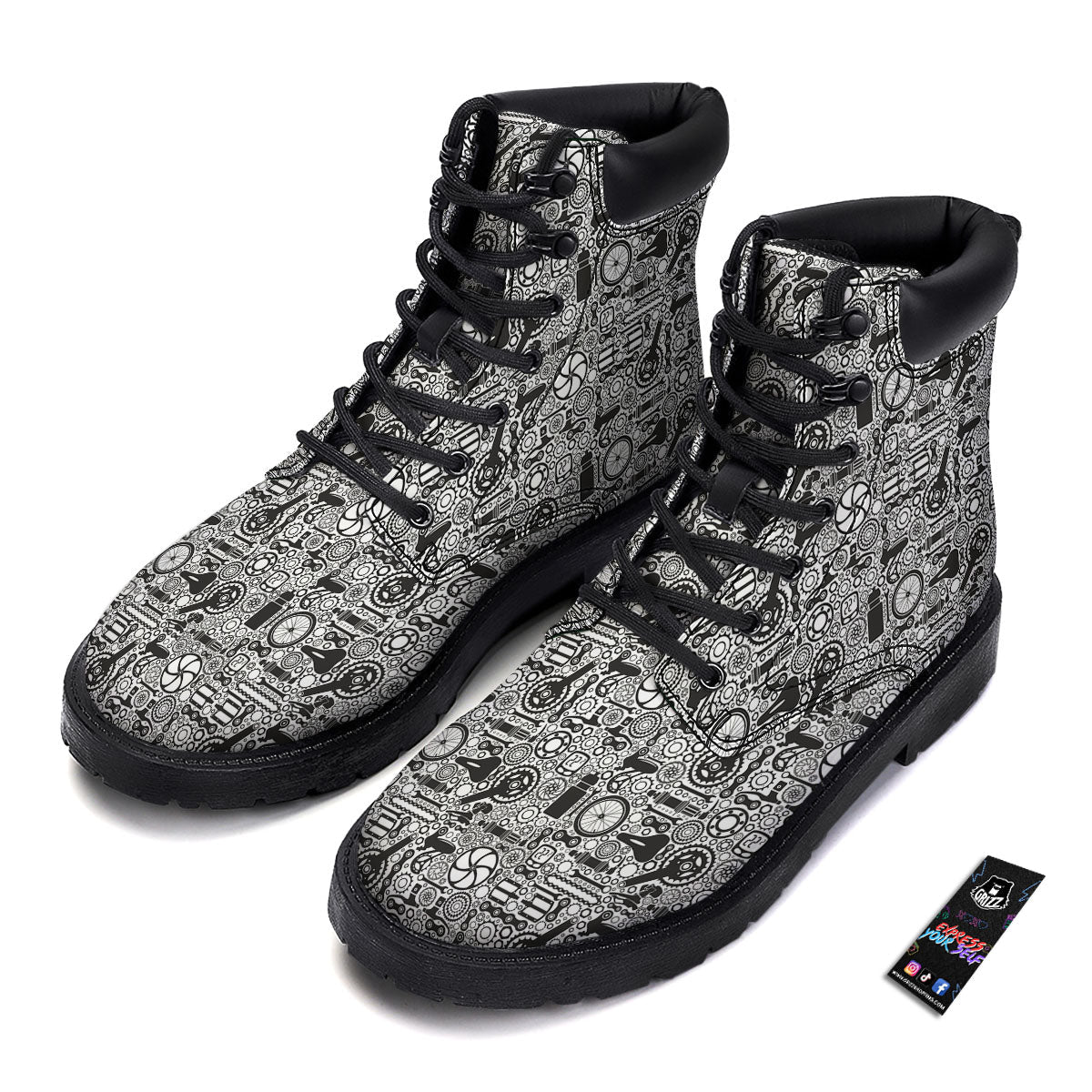 Mechanic White And Black Print Pattern Boots-grizzshop