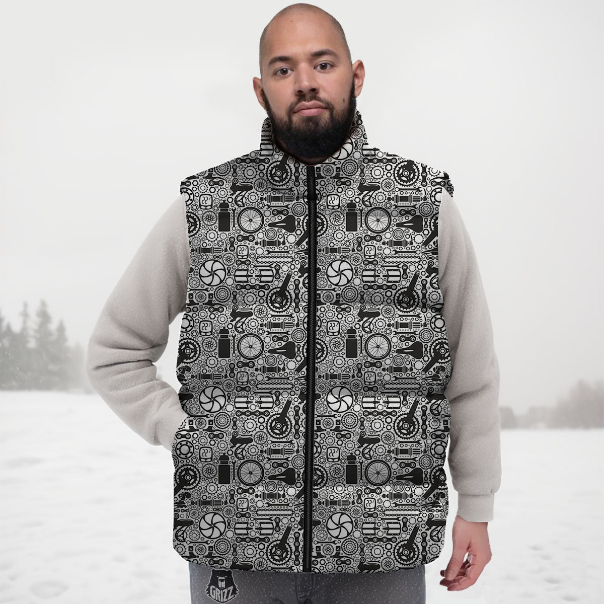 Mechanic White And Black Print Pattern Down Vest