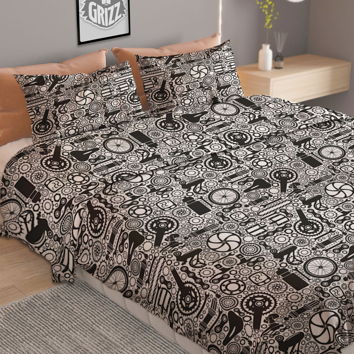 Mechanic White And Black Print Pattern Duvet Cover Bedding Set