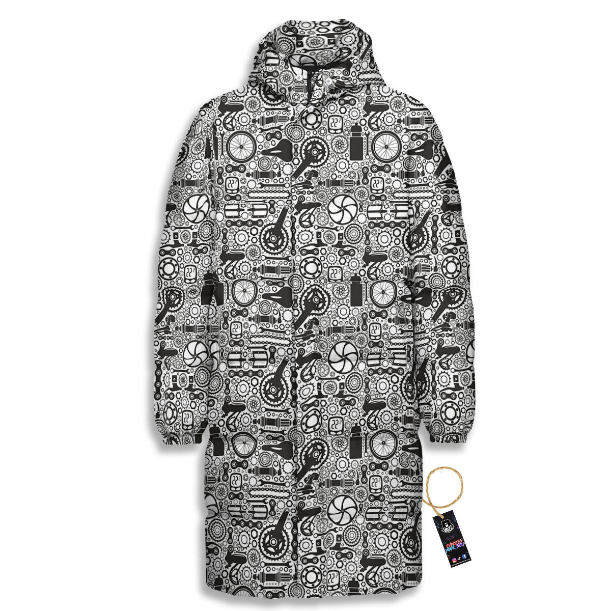 Mechanic White And Black Print Pattern Long Down Jacket-grizzshop