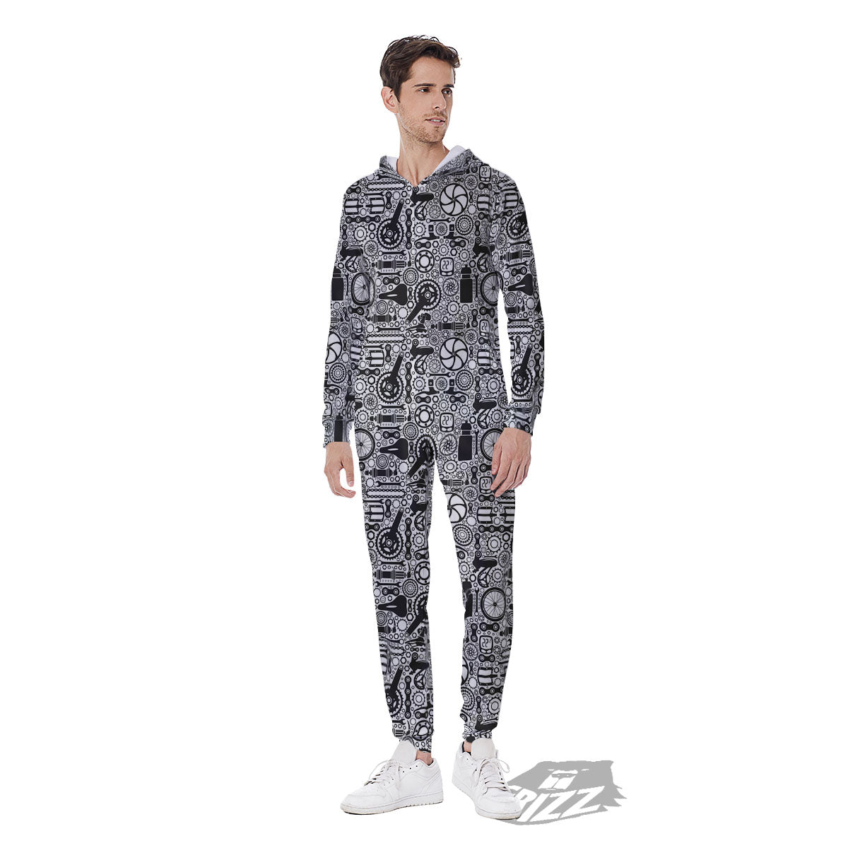 Mechanic White And Black Print Pattern Men's Jumpsuit-grizzshop