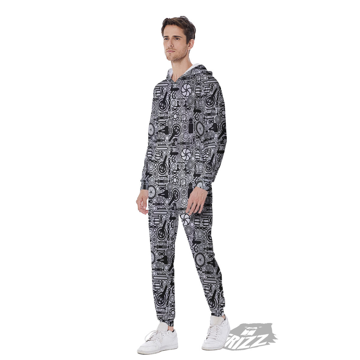 Mechanic White And Black Print Pattern Men's Jumpsuit-grizzshop