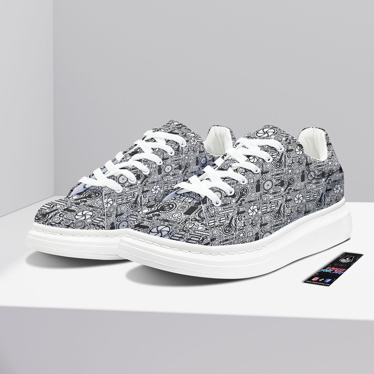Mechanic White And Black Print Pattern Platform Shoes-grizzshop