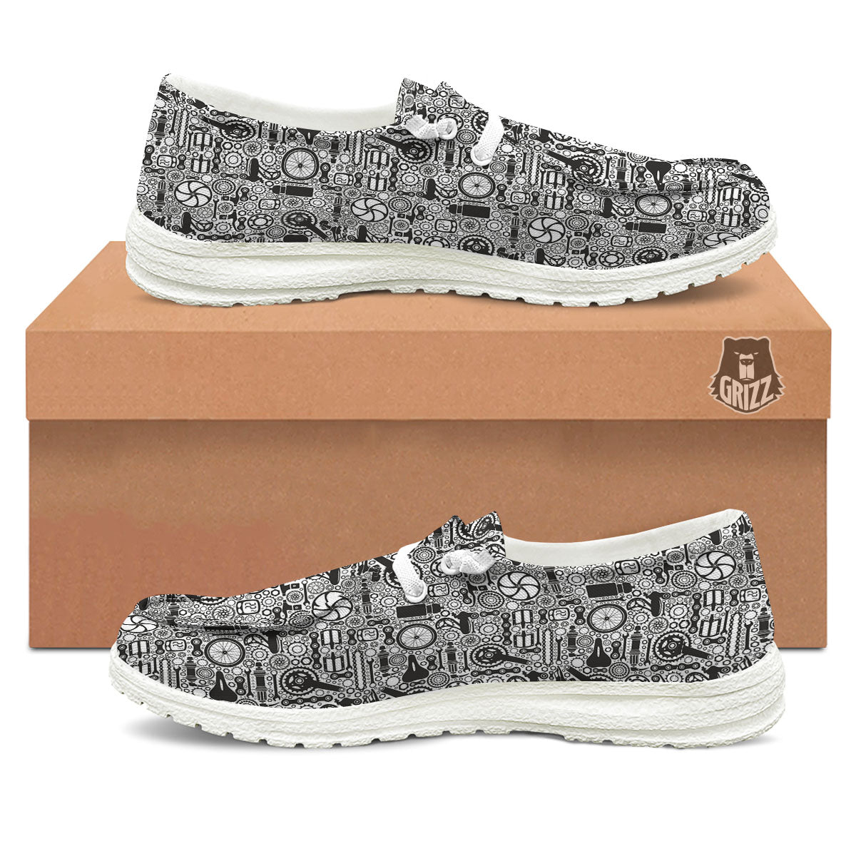 Mechanic White And Black Print Pattern White Loafers-grizzshop