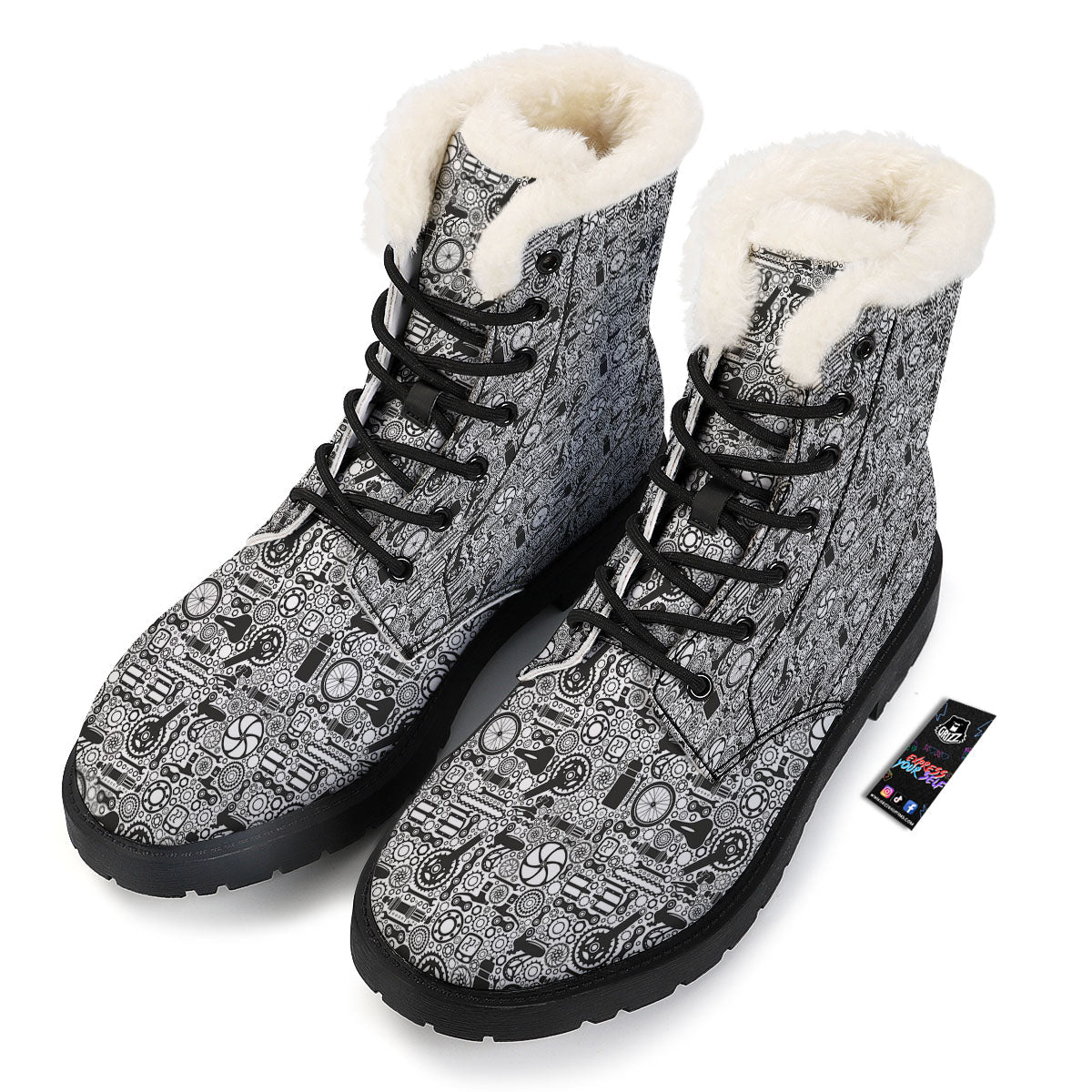 Mechanic White And Black Print Pattern Winter Boots-grizzshop