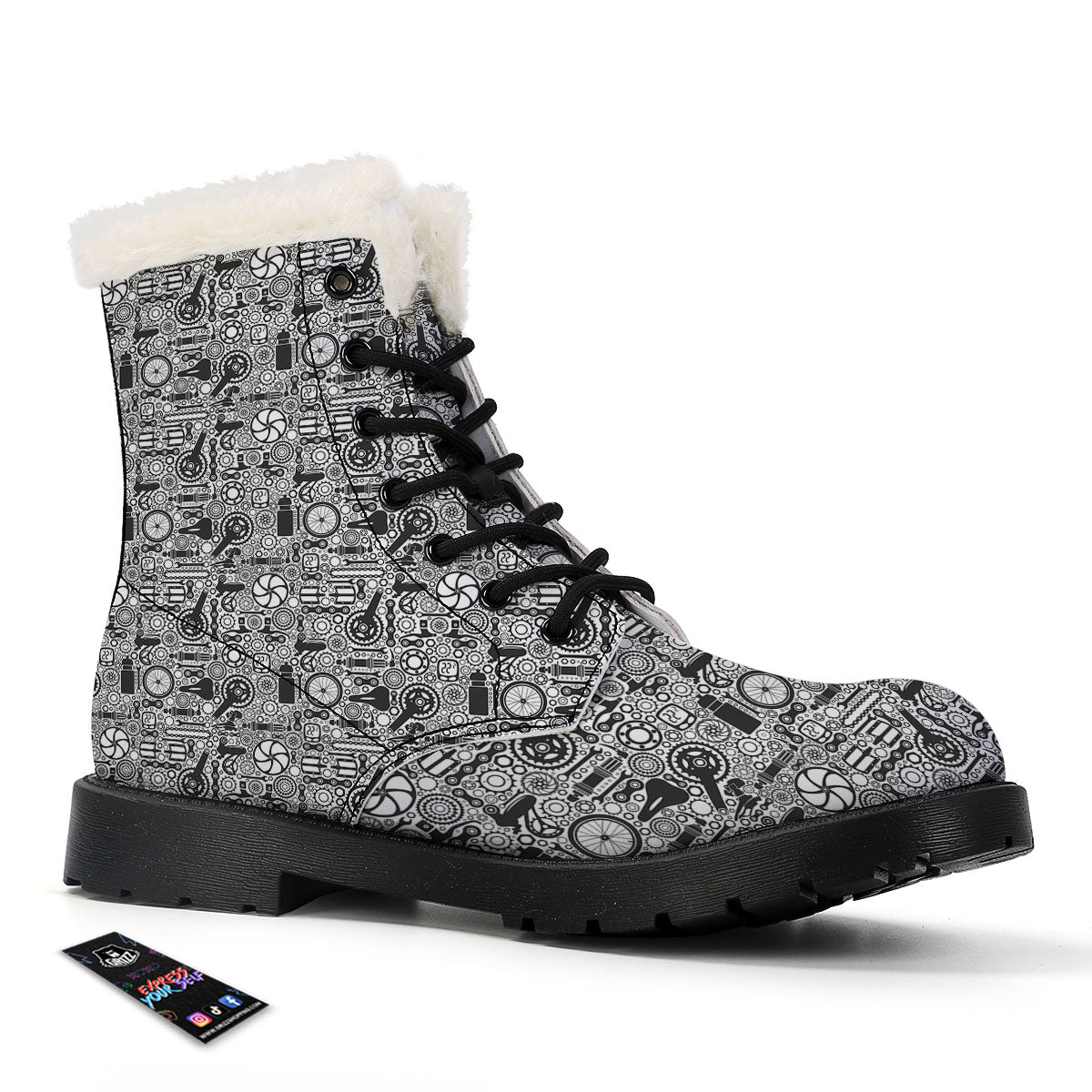 Mechanic White And Black Print Pattern Winter Boots-grizzshop