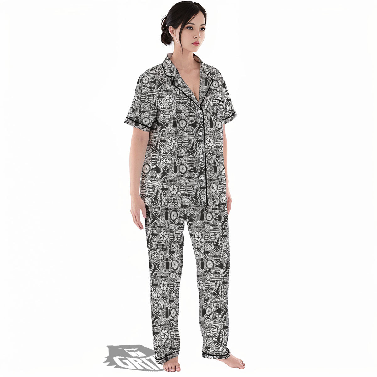 Mechanic White And Black Print Pattern Women's Pajamas Set-grizzshop