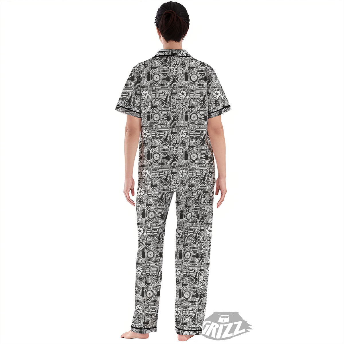 Mechanic White And Black Print Pattern Women's Pajamas Set-grizzshop