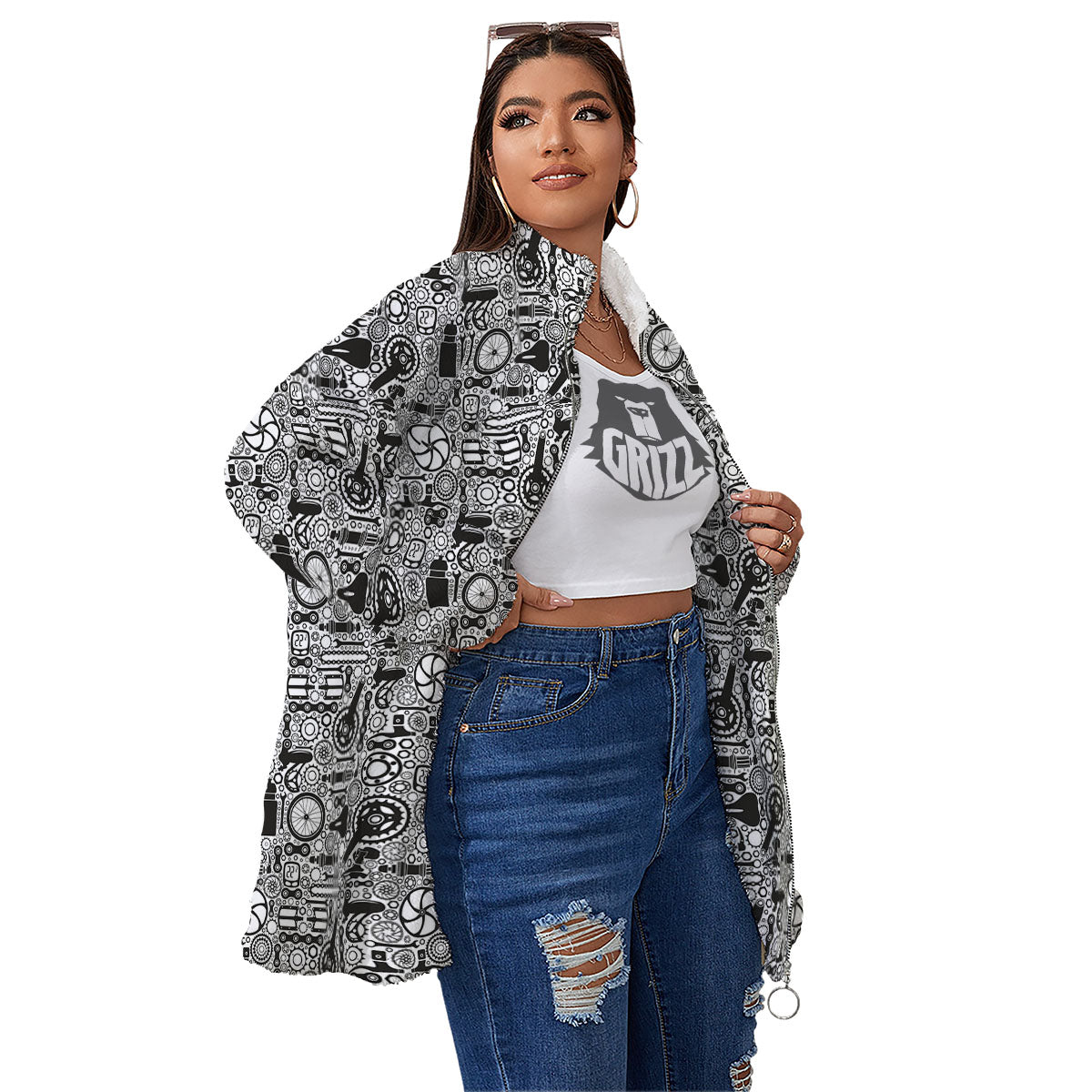 Mechanic White And Black Print Pattern Women's Sherpa Jacket-grizzshop