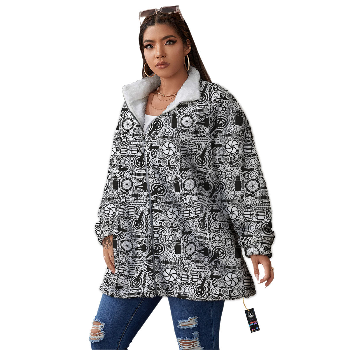 Mechanic White And Black Print Pattern Women's Sherpa Jacket-grizzshop