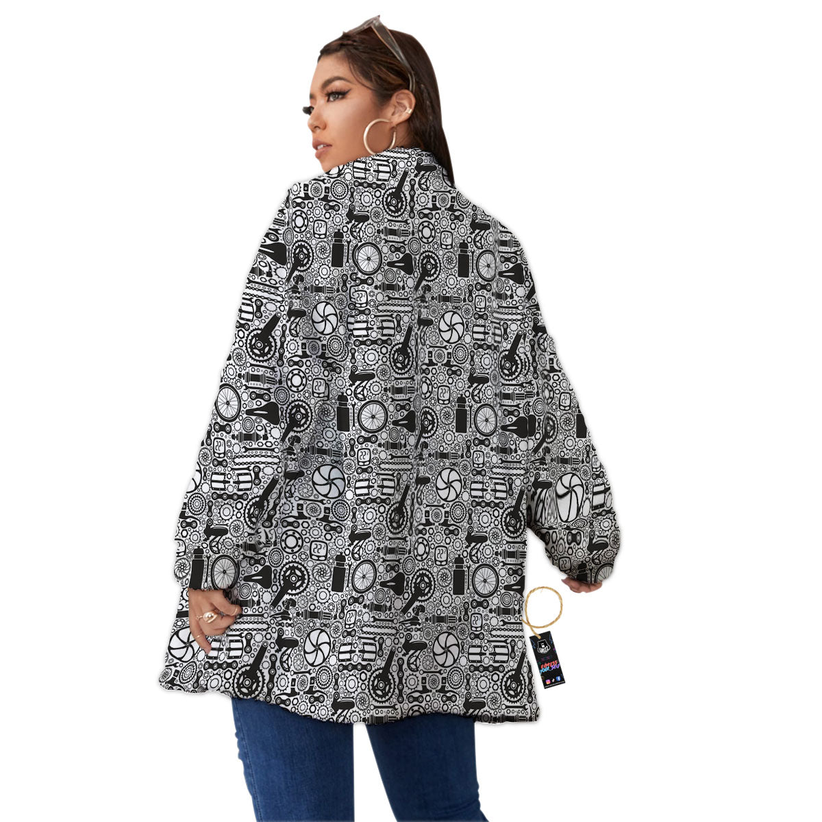Mechanic White And Black Print Pattern Women's Sherpa Jacket-grizzshop