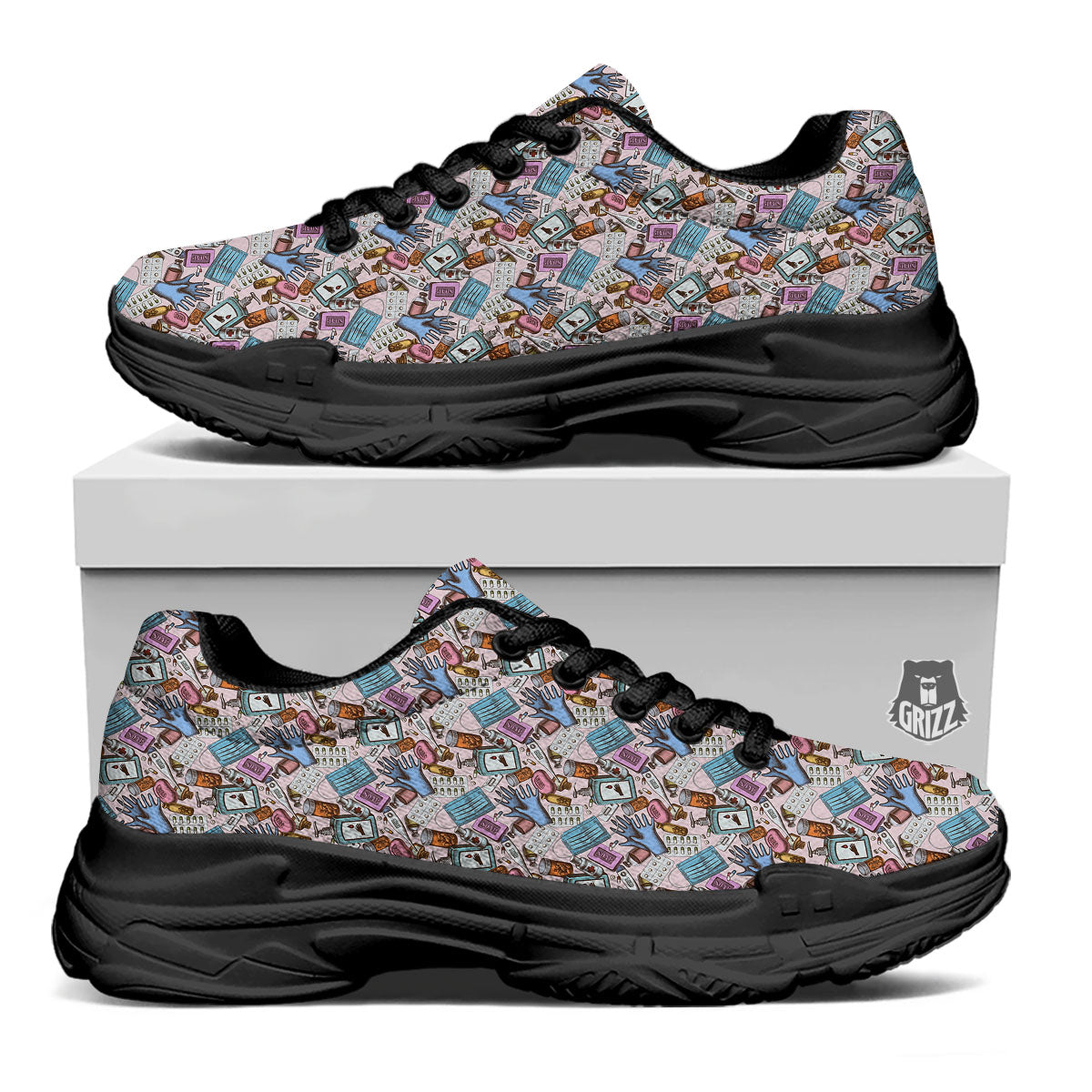 Medical Colorful Print Pattern Black Chunky Shoes-grizzshop