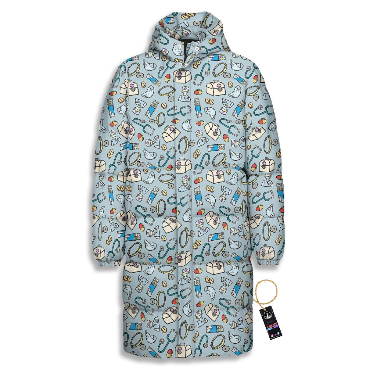 Medical Cute Print Pattern Long Down Jacket-grizzshop