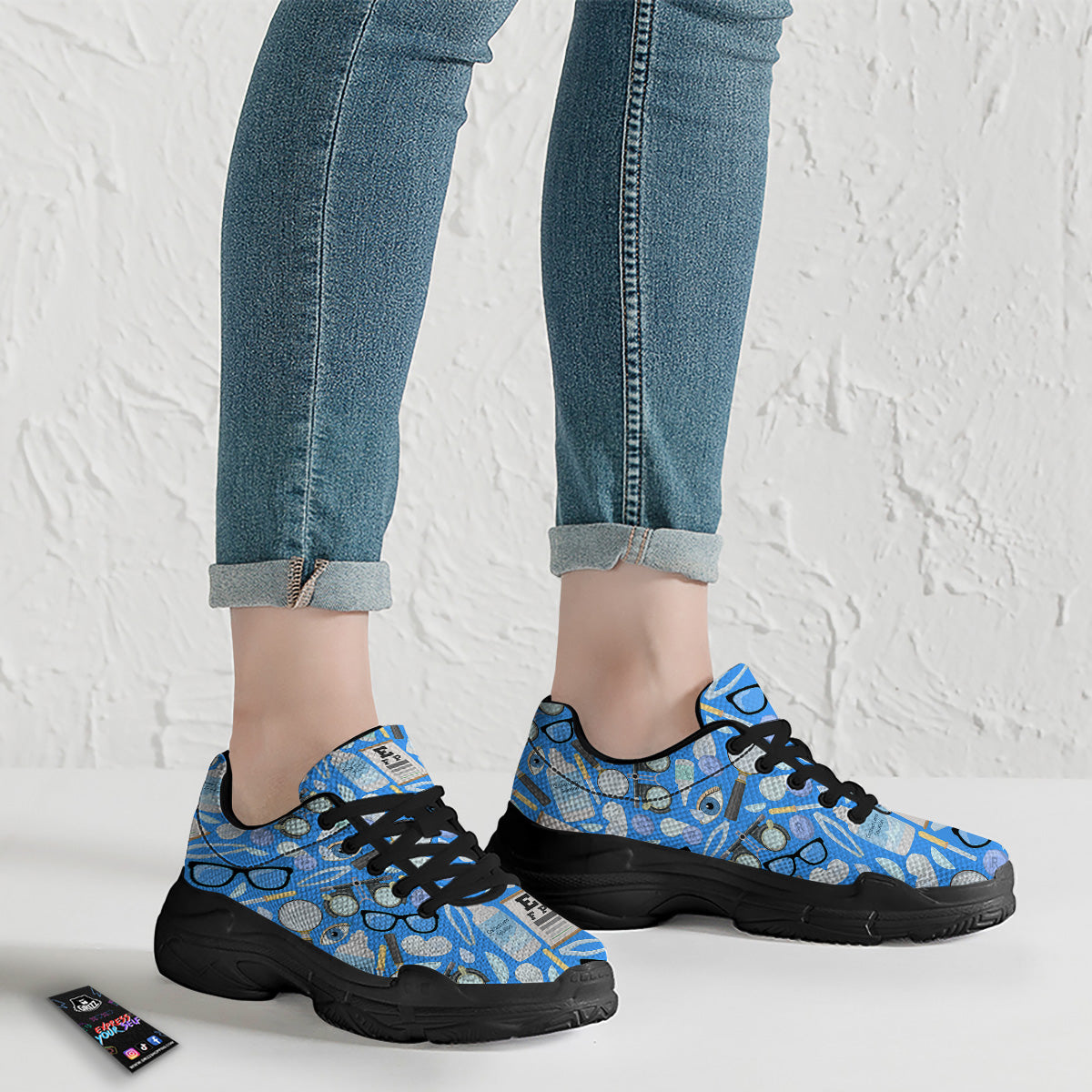 Medical Optometry Accessory Blue Print Pattern Black Chunky Shoes-grizzshop