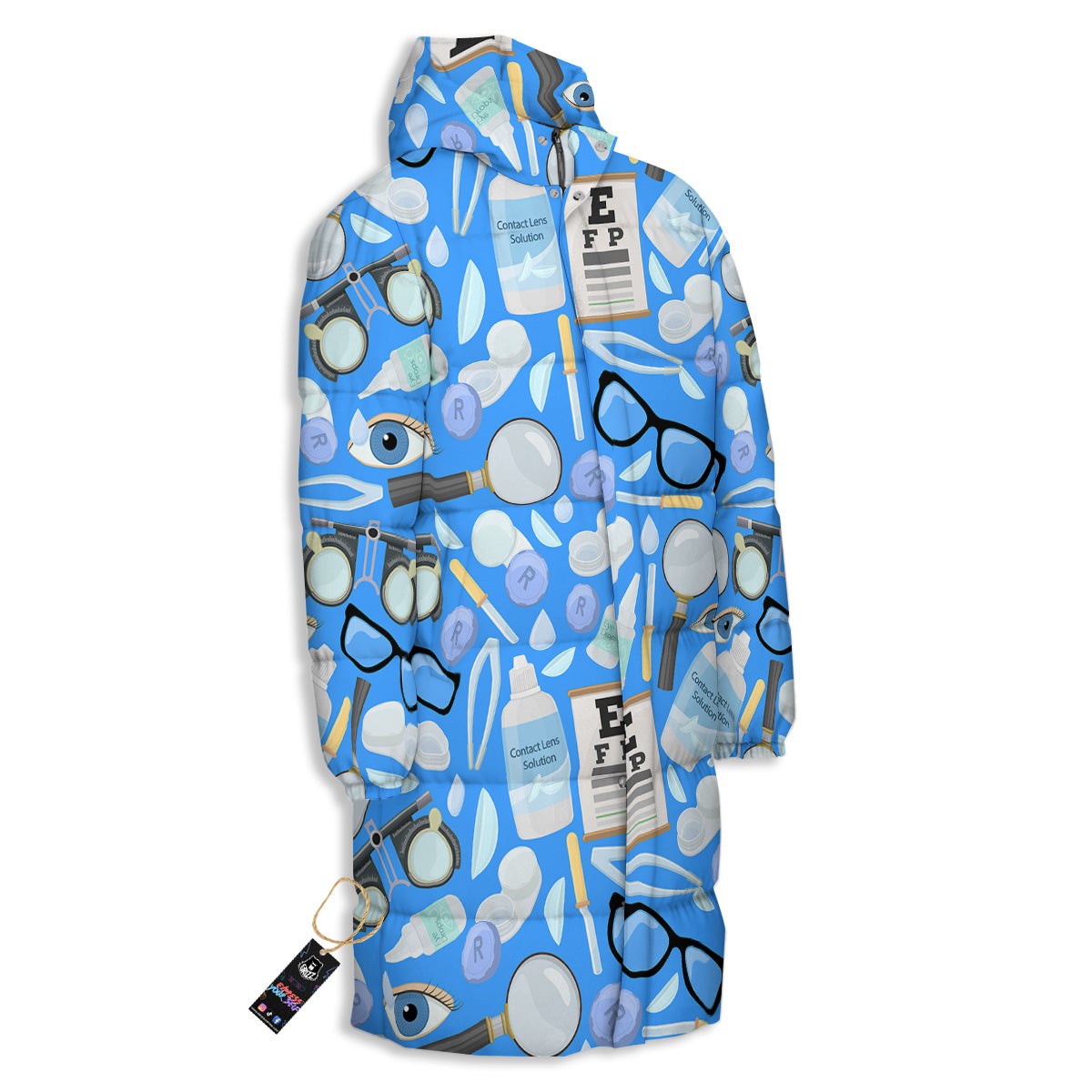 Medical Optometry Accessory Blue Print Pattern Long Down Jacket-grizzshop