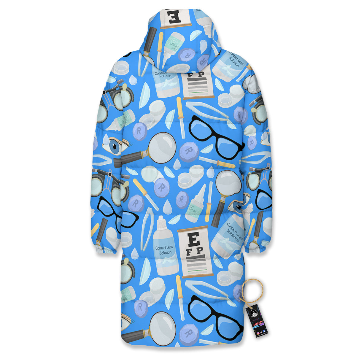 Medical Optometry Accessory Blue Print Pattern Long Down Jacket-grizzshop